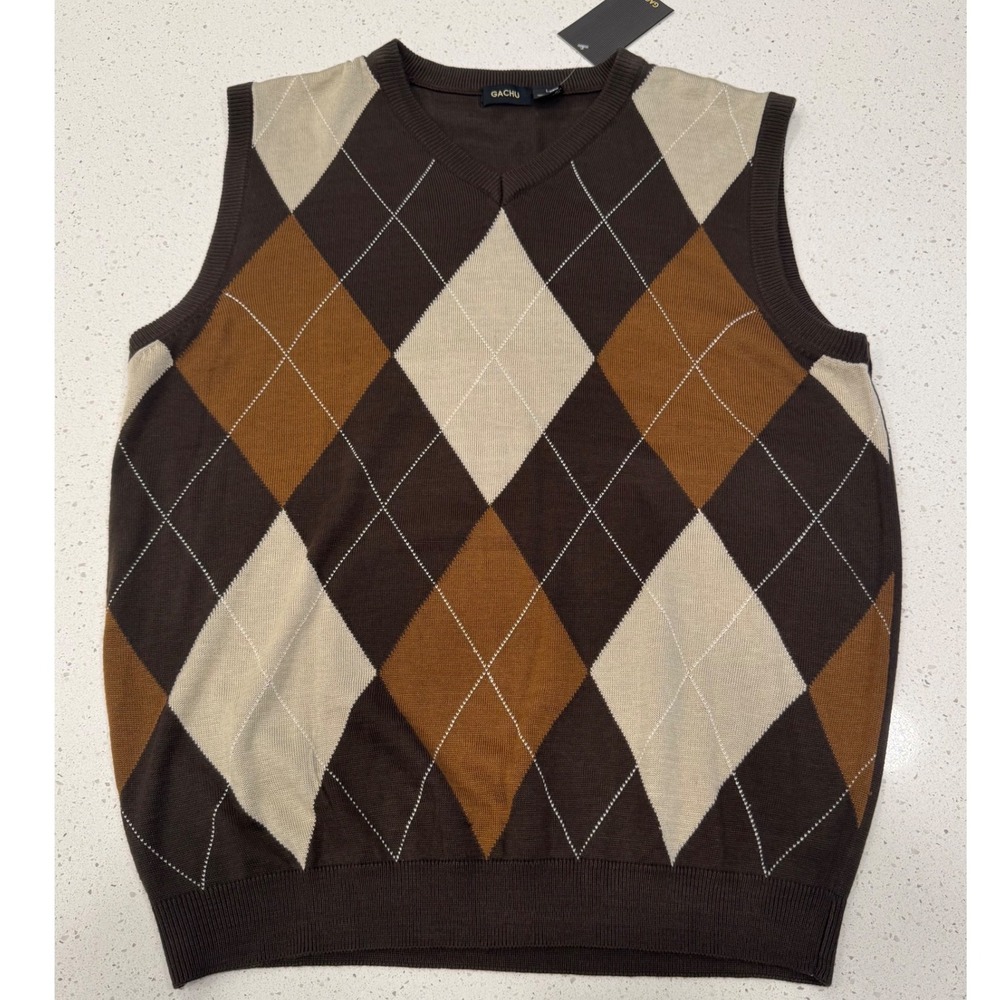 Gachu Argyle Sweater Vest Mens Large Brown NWT‎ Preppy Classic Academic Knit Top
